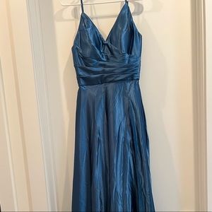 Blue satin floor length bridesmaid dress